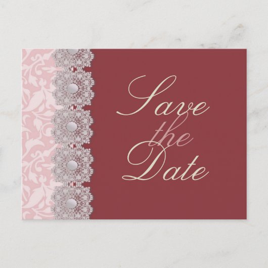Kant en parels Raspberry Save the Date Briefkaart (Voorkant)