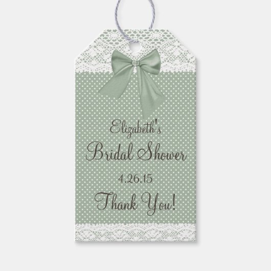 Kant en Sage Groene Bow Vrijgezellenfeest Gast Fav Cadeaulabel (Voorkant)