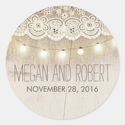 Kant en String Lights Rustieke bruiloft Ronde Sticker (Voorkant)