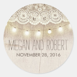 Kant en String Lights Rustieke bruiloft Ronde Sticker