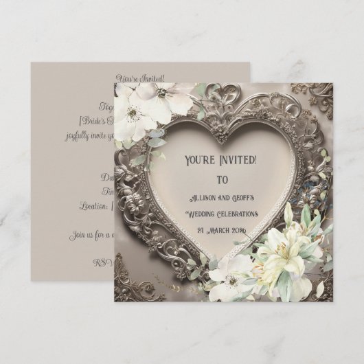 kant en zilveren hart bruiloft kaart (Voorkant / Achterkant)