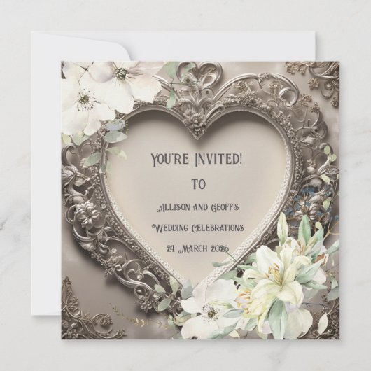 kant en zilveren hart bruiloft kaart (Voorkant)