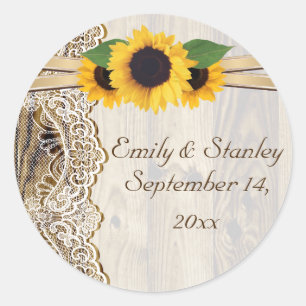Kant en zonnebloemen houten bruiloft Save the Date Ronde Sticker