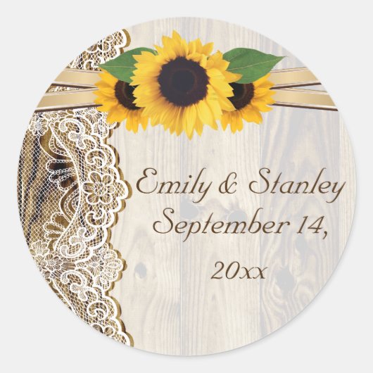 Kant en zonnebloemen houten bruiloft Save the Date Ronde Sticker (Voorkant)