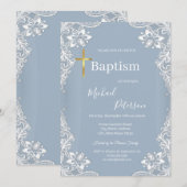 Kant Goud Kruis Doop Dusty Blue Kaart (Voorkant / Achterkant)