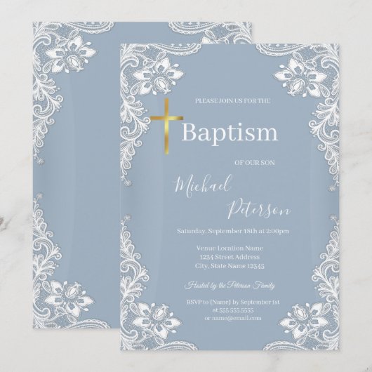 Kant Goud Kruis Doop Dusty Blue Kaart (Voorkant / Achterkant)