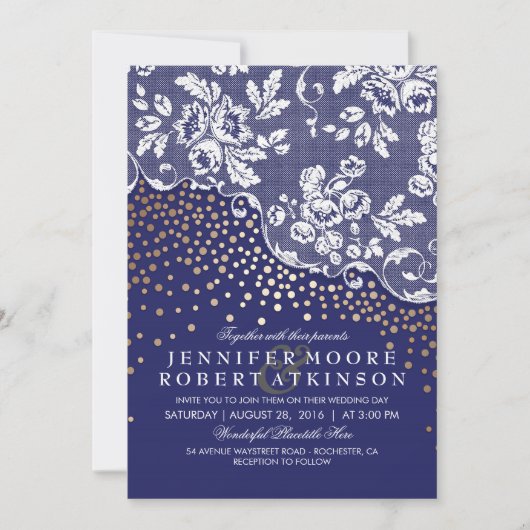  kant gouden Confetti Lights Navy bruiloft Kaart (Voorkant)