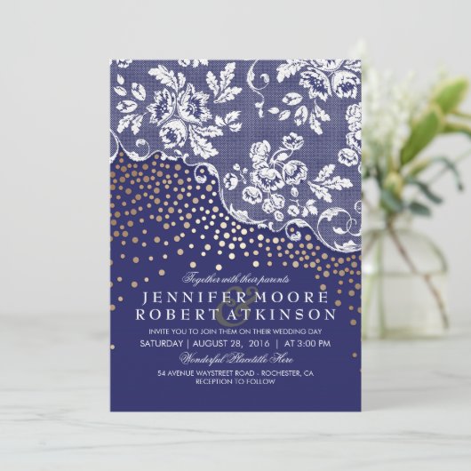  kant gouden Confetti Lights Navy bruiloft Kaart (Staand voorkant)