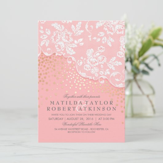  kant gouden Confetti roze bruiloft Kaart (Staand voorkant)