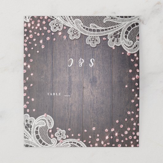 Kant hout blush glitter rustieke bruiloft plaats k plaatskaartje (Buitenkant ongevouwen)