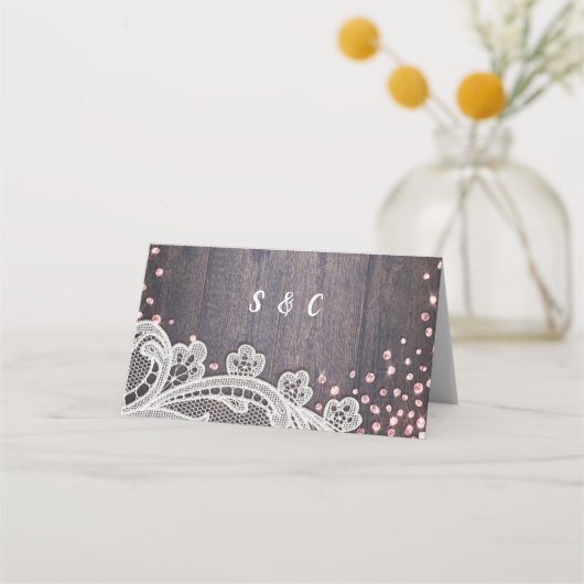 Kant hout blush glitter rustieke bruiloft plaats k plaatskaartje (Achterkant)