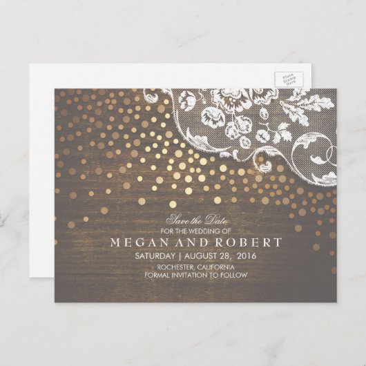 Kant Hout en Goud Confetti Rustiek Save the Date Aankondigingskaart (Voorkant / Achterkant)