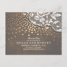 Kant Hout en Goud Confetti Rustiek Save the Date Aankondigingskaart