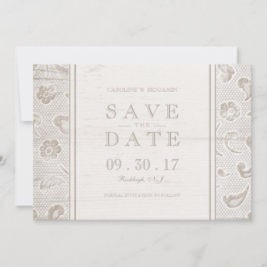 Kant hout rustiek land bruiloft opslaan van de dat save the date (Voorkant)