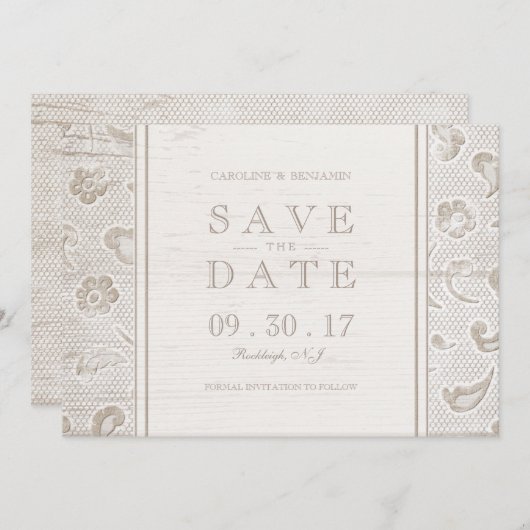 Kant hout rustiek land bruiloft opslaan van de dat save the date (Voorkant / Achterkant)