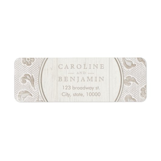 Kant hout rustiek land bruiloft retour adres etiket (Voorkant)