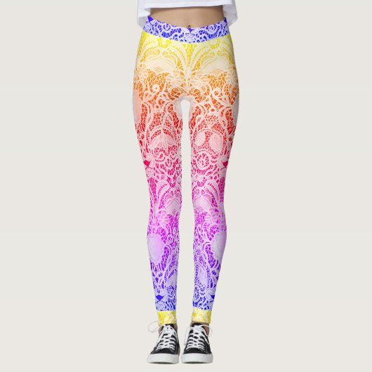 Kant in Heldere Warmte Regenboog Kleuren Ombre Leggings (Voorkant)