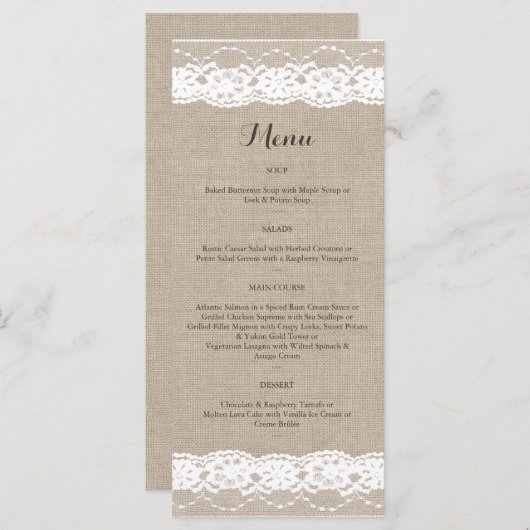 Kant in het wit op Burlap Menu (Voorkant / Achterkant)