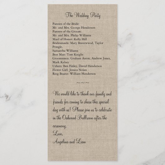 Kant in het zwart op Burlap Wedding Program Programmakaart (Achterkant)