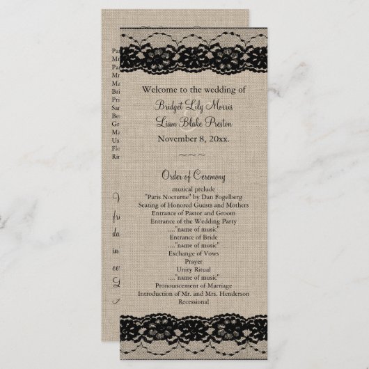 Kant in het zwart op Burlap Wedding Program Programmakaart (Voorkant / Achterkant)