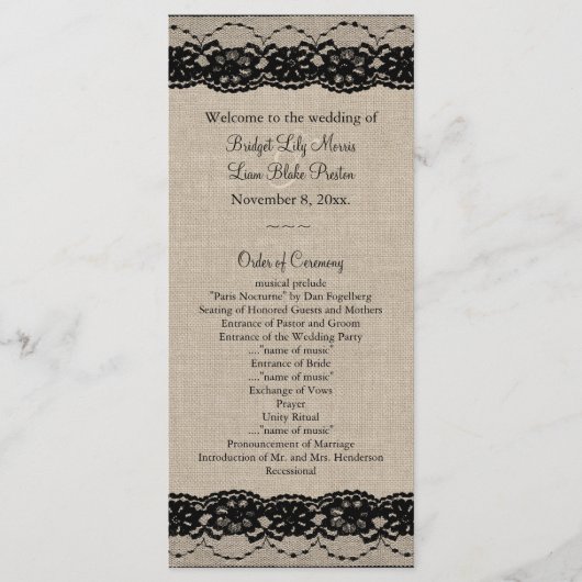 Kant in het zwart op Burlap Wedding Program Programmakaart (Voorkant)