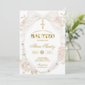 Kant Ivoor Lint Parel Bautizo Uitnodiging (Staand voorkant)