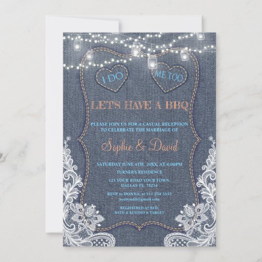 Kant Kanten Denim Blauwe Slingerlichtjes I DO BBQ Kaart (Voorkant)