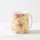 Kant karmozijnrode vlinders op gele stip koffiemok (Voorkant rechts)