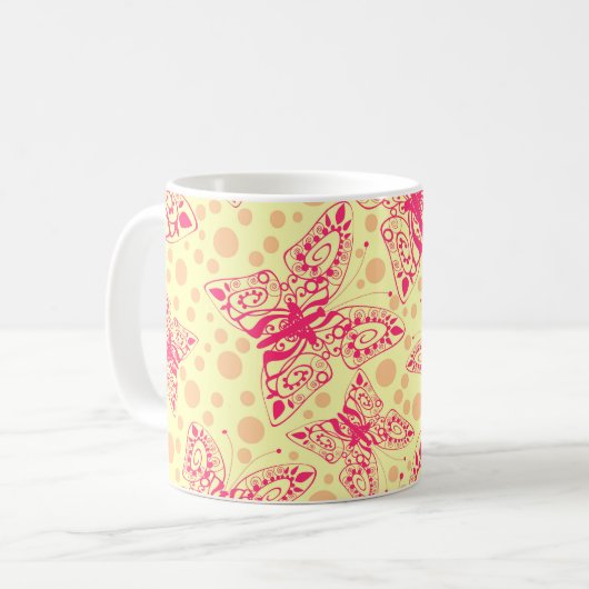 Kant karmozijnrode vlinders op gele stip koffiemok (Voorkant links)