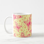 Kant karmozijnrode vlinders op gele stip koffiemok (Links)