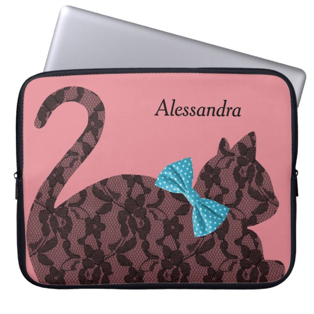 Kant Kat Silhouet gepersonaliseerd roze Laptop Sleeve (Voorkant)