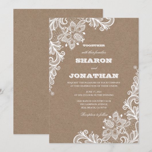  Kant Kraft & Wit Rustieke Bruiloft Kaart (Voorkant / Achterkant)