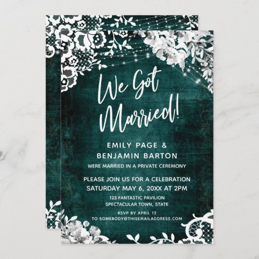 Kant, Lichten & Bloemen over Teal We Zijn Getrouwd Kaart (Voorkant / Achterkant)