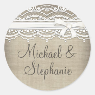 kant & linnen rustieke elegantie bruiloft ronde sticker