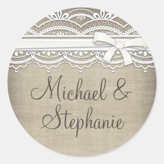 kant & linnen rustieke elegantie bruiloft ronde sticker (Voorkant)