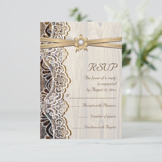 Kant, lint bloem & hout bruiloft RSVP reactie (Staand voorkant)