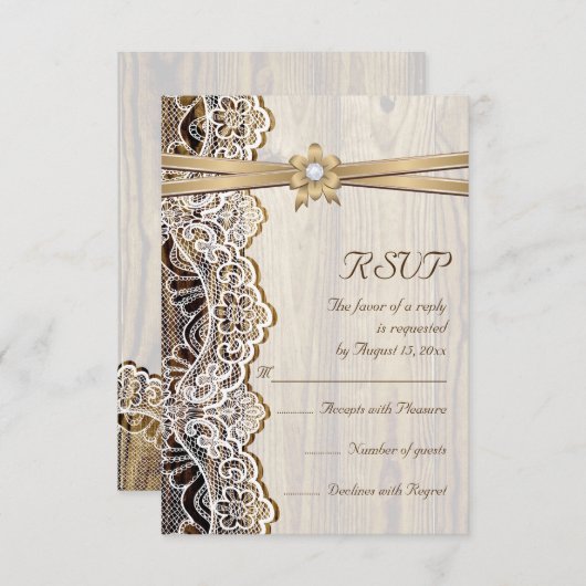 Kant, lint bloem & hout bruiloft RSVP reactie (Voorkant / Achterkant)