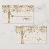 Kant, lint & bloem op jute trouwkaart plaatskaartje (Voorkant / Achterkant)