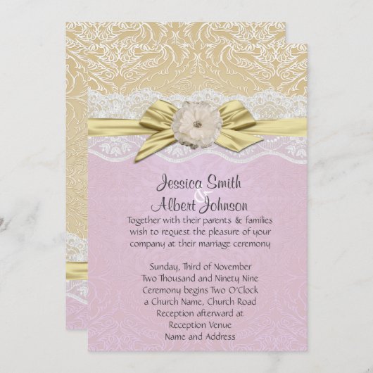 Kant lint goud/lavendel damast trouw uitnodiging (Voorkant / Achterkant)