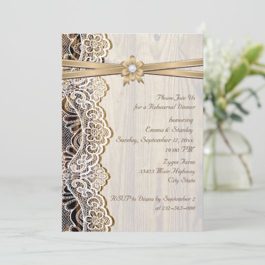 Kant lint & hout bruiloft repetitie diner kaart (Staand voorkant)