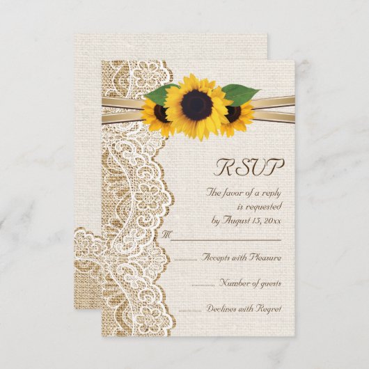 Kant, lint & zonnebloemen op jute bruiloft RSVP (Voorkant / Achterkant)