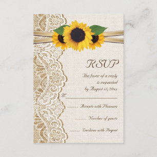 Kant, lint & zonnebloemen op jute bruiloft RSVP Kaartje