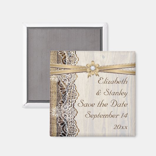 Kant, lintbloem & houten bruiloft Save the Date Magneet (Voorkant / Achterkant)