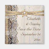 Kant, lintbloem & houten bruiloft Save the Date Magneet (Voorkant)