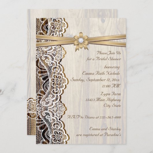 Kant, lintbloem & houten bruiloft vrijgezellenfees kaart (Voorkant / Achterkant)