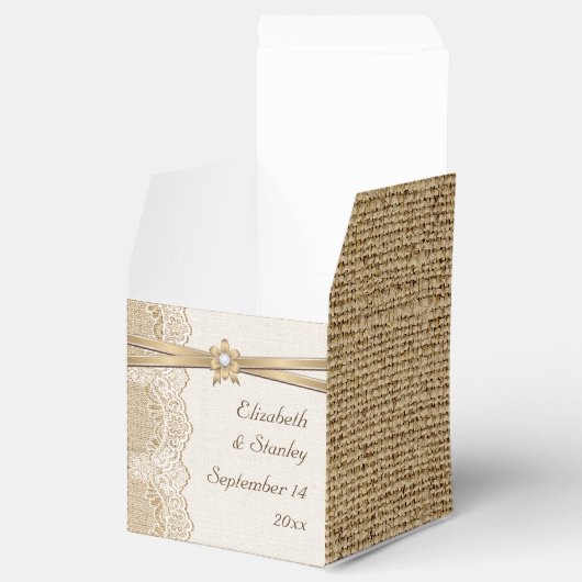 Kant, lintbloem & jute bruiloft bedankdoosjes (Geopend)