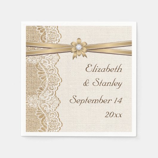 Kant, lintbloem & jute bruiloft servetten (Voorkant)