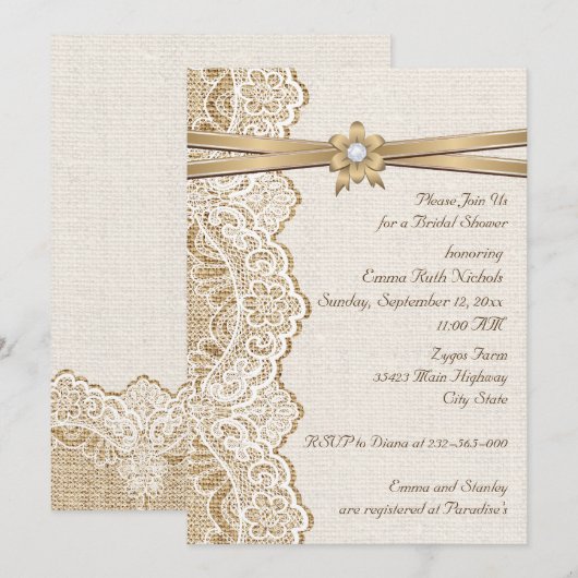 Kant, lintbloem & jute bruiloft vrijgezellenfeest kaart (Voorkant / Achterkant)