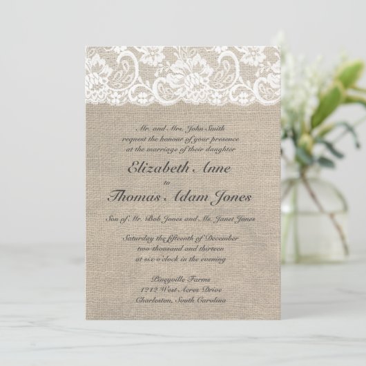  kant look & burlap look bruiloft uitnodiging (Staand voorkant)