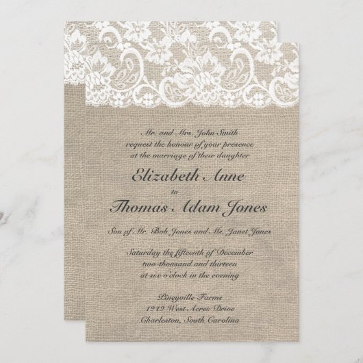 kant look & burlap look bruiloft uitnodiging (Voorkant / Achterkant)